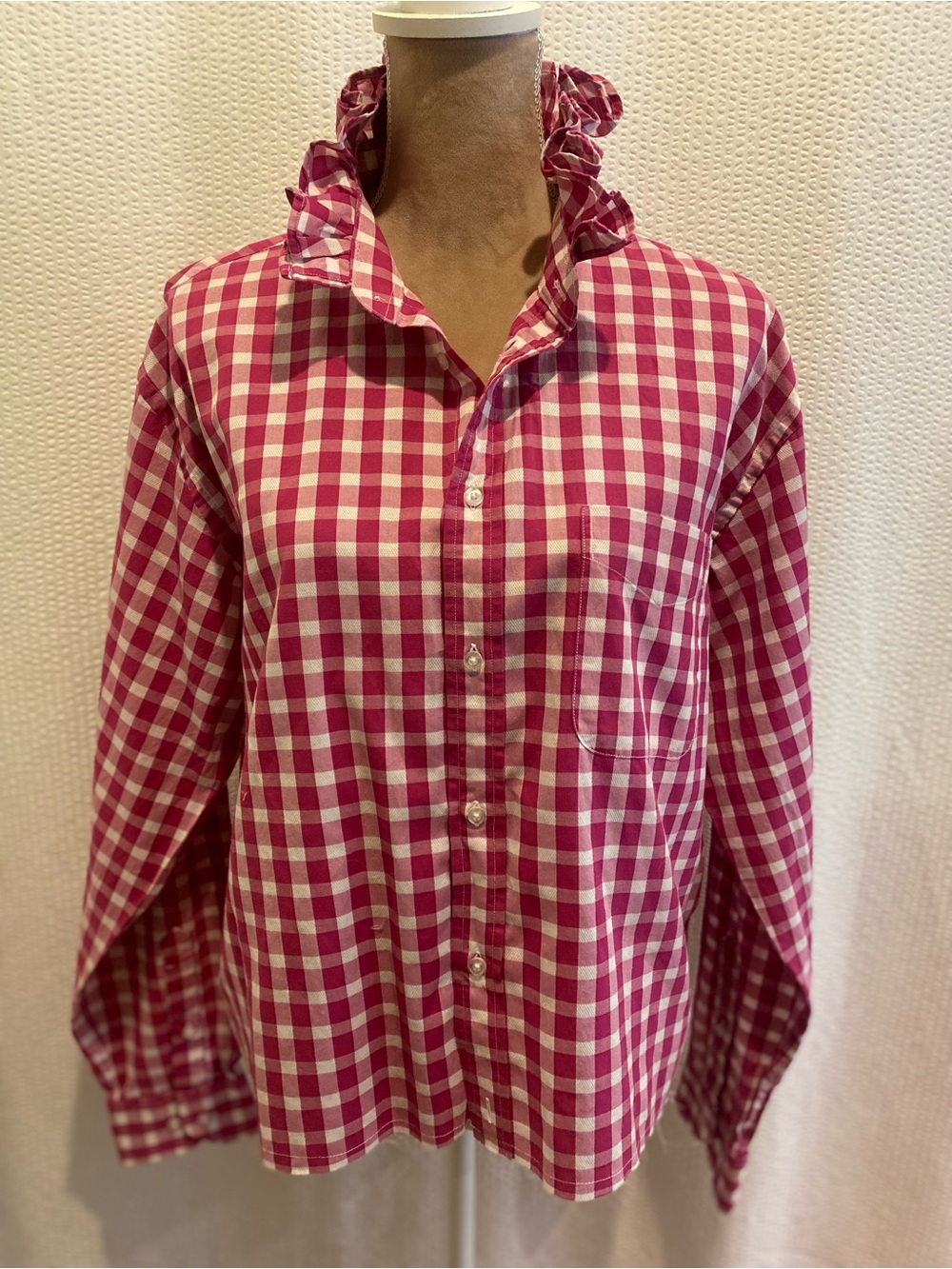 Repurposed  Pink Gingham Button-Down Shirt with Ruffle Collar